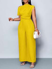 SOLERSUN 大码女装四季女装通勤优雅日常旅行休闲简约纯色露肩不对称领口肩部褶皱短袖阔腿连体裤 - 黃色 - 查看 1
