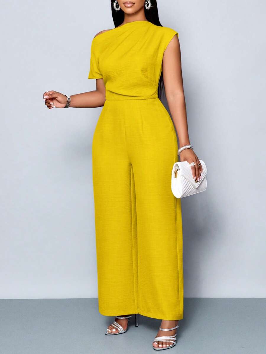 SOLERSUN 大码女装四季女装通勤优雅日常旅行休闲简约纯色露肩不对称领口肩部褶皱短袖阔腿连体裤 - 黃色 - 查看 1