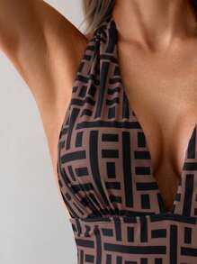 Swim Lushoire Women's Vacation Geometric Print Plunging Neck One-Piece Swimsuit For Summer