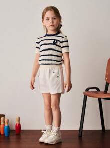 PrepCrw Girls' Spring/Summer Preppy Style Blue & White Striped Textured Fitted Round Neck Sweaters - Multicolor - View 3