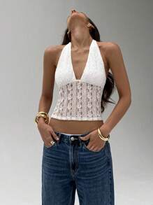 Aloruh Elegant Halter Tie-Up Lace Women Camisole - White - View 7