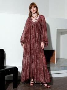 Arave 女士雪纺细肩带宽松喇叭袖灯笼袖度假风印花时尚通勤多层拼接V领荷叶边长裙两件套 - 棕色 - 查看 2