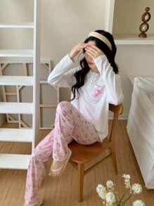 少女纯色前扣领蕾丝口袋碎花优雅休闲睡衣套装，配有长袖上衣和裤子
