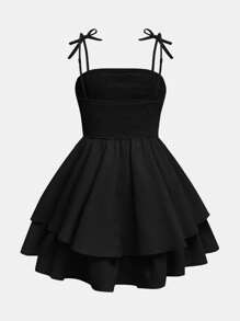 Tween Girl Woven Solid Color Bubble Pleated Double Layer Casual French Cami Dress ,Vacation