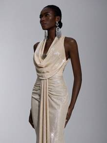 Elitara Elegant, Romantic, Sexy, Minimalist, Light Gold, Layered Fabric, Stretchy, Off-The-Shoulder, Backless, Tight-Fitting, Low-Cut, Fishtail Hem, Train, Fashion, Influencer, Festival, Holiday, Birthday Party, Wedding Event, Prom Dress, Bridesmaid Dresses, Formal Dinner Dress - Apricot - View 7