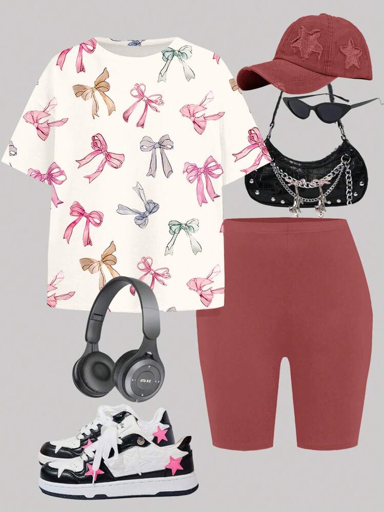 SHEIN Leap Crew 2pcs Tween Girls Casual Minimalist Short Sleeve Top And Shorts Set, Suitable For Summer - Multicolor - View 3