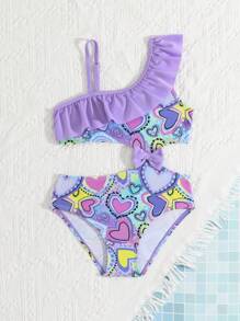 SHEIN Young Girl Heart Print Ruffle Asymmetric One-Piece Swimsuit, Resort - Multicolor - View 6
