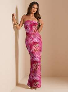 SHEIN BAE Strapless Floral Print Fitted Long Dress, Suitable For Summer Beach Vacation - Multicolor - View 6
