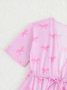 SHEIN Baby Girl Swimwear Set With Bow Striped Print Swimsuit And Kimono Cover-Up, Vacation Style