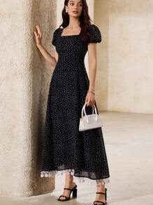 Femmeiva Polka Dot Bow Decor Tassel Colorblock Chiffon Bubble Printing Short Sleeve Dress Boho Vacation Fashionable Style All Over Print For Summer - Black and White - View 4