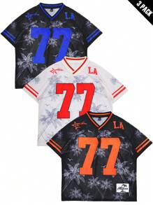 Manfinity Campus Court Aesthetic Post--Men's 3pcs/Set Coconut Tree Allover Print V-Neck Mesh Casual Tees Set - Multicolor - View 3