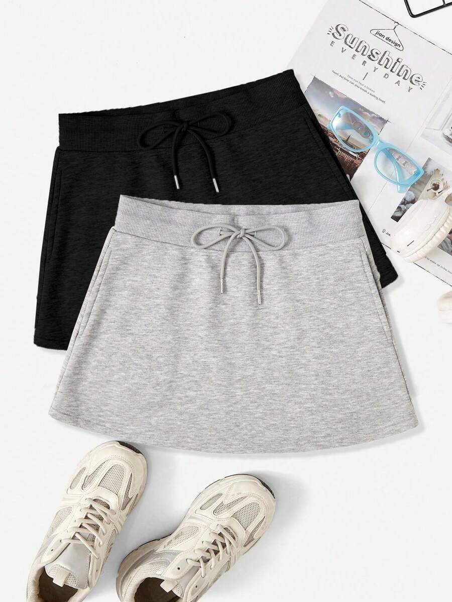 SHEIN EZwear 2pcs/Set Women Solid Color Drawstring Waist Short Skirt Suitable For Going Out Chic Dress - Multicolor - View 1