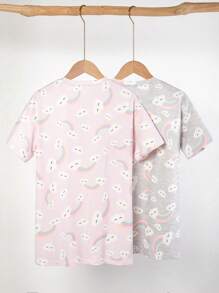 2 Pcs Girls Rainbow Cloud Cute Simple Colorful Rainbow Print Short Sleeve Nightgown Pajama Set, Casual Loungewear For Tween Girls - Baby Pink - View 2