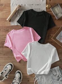 Muchica EZwear 3 Pieces Set Casual Simple Cocktail Martini Glass Seaside Vacation Coconut Tree Hibiscus Flower Slogan Spring Break Pattern Round Neck Short Sleeve Tight Short T-Shirt Women's Summer - Multicolor - View 2