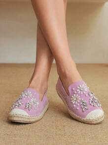 Styleloop Purple Beaded & Rhinestone Embellished Espadrille Flat Shoes For Women, Bohemian Style Vacation Slip-On - Purple - View 4