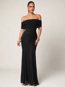 Silquee Women's Black Off Shoulder Fitted Elegant Dress, Island Dress, Flowy Hem Dress, Sexy See-Through Outfit, Summer, Women's Summer Outfit, Summer Outfit, Women's Beach Outfit, Women's Elegant Outfit, Women's Summer Dress, Graduation Outfit, Graduation Dress, Flowy Dress, Ibiza Outfit, Summer Festival Beach Resort - Black - View 1