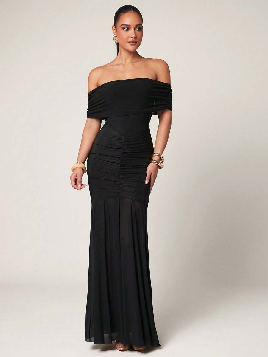 Silquee Women's Black Off Shoulder Fitted Elegant Dress, Island Dress, Flowy Hem Dress, Sexy See-Through Outfit, Summer, Women's Summer Outfit, Summer Outfit, Women's Beach Outfit, Women's Elegant Outfit, Women's Summer Dress, Graduation Outfit, Graduation Dress, Flowy Dress, Ibiza Outfit, Summer Festival Beach Resort - Black - View 1