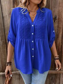 SHEIN LUNE Plus Size Lace Patchwork V-Neck 3/4 Sleeve Button Up Casual Vacation Shirt With Contrast Color Buttons Women Summer Clothing Woman S Summer Clothes Women S Clothes Women Summer Sets - Royal Blue - View 4