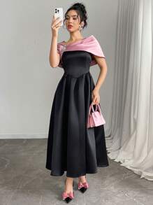 Modelyn 女式夏季优雅撞色水钻装饰腰部收腰连衣裙 - 黑色 - 查看 5