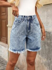EMERY ROSE Women's Loose-Fit Pockets Frayed Hem Casual Denim Shorts - Blue - View 6