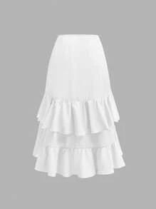 SHEIN Tween Girl Loose Casual Layered Ruffled Asymmetric Hem Midi Skirt - White - View 2