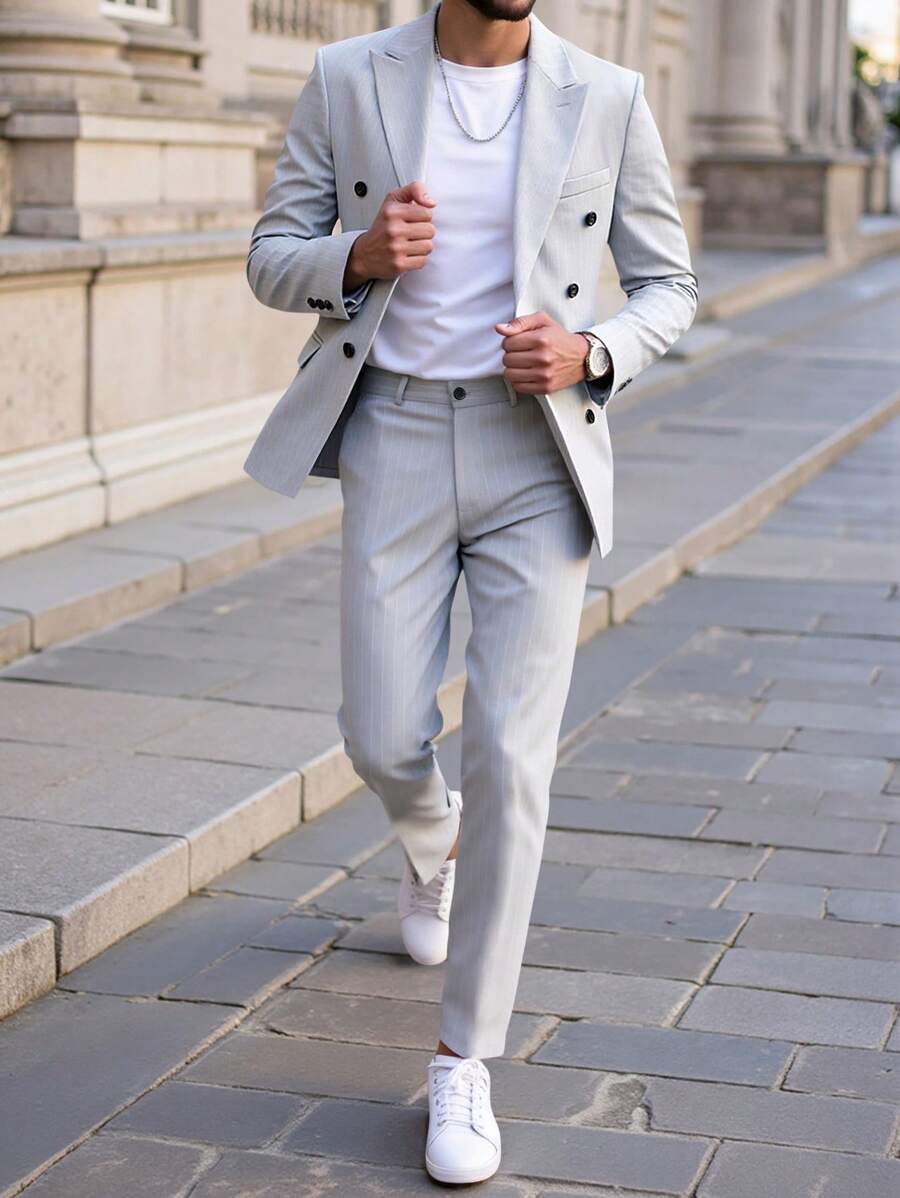 Manfinity Mode 男士 2 件套条纹双排扣西装外套和长裤套装