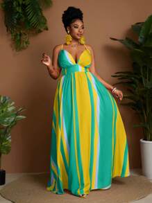 Maweii Plus Size Women's Striped Waist Cinching Maxi Strap Dress - Green - View 3
