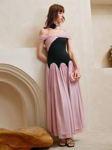 SHEIN LUNE Women's Chiffon Elegant Color Block Off Shoulder Maxi Dress ,Pink Dress,Summer Dresses,Sun Dresses	Black Dresses,Birthday Outfit,Graduation,Party - Pink - View 5