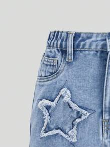 Falda vaquera informal y versátil con cintura elástica y bordado de estrella de cinco puntas, para niñas preadolescentes - Azul lavado medio - Ver 4