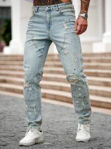 Manfinity EMRG Men's Light Blue Distressed Denim Skinny Jeans, Streetwear Elastic Fit