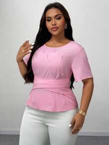 SHEIN Unity 女式加大码夏季圆领设计收腰短款珍珠装饰上衣