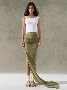 LYSMO Green Solid Color A-Line Skirt, Fashionable For Summer