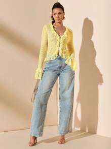 SHEIN BAE Apricot Lace Blouse With Ruffle Trim & Tie Neck, Sexy Minimalist Design, Versatile For Spring, Summer, Date, Party, Wedding, Work And Daily Wear - Yellow - View 5