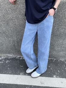 SHEIN Teen Boy Casual Fashion Snow Texture Elastic Waistband Loose Straight Leg Jeans For Teen Boy Clothes Boys Soft Dailywear And Teen Boy Summer And Spring Clothes - Blue - View 2