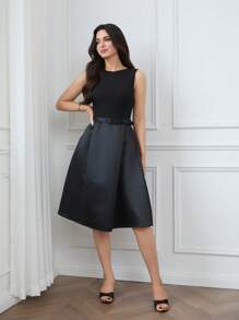 EMERY ROSE Elegant Sleeveless Patchwork Midi Dress For Women, Summer Black Dress, Elegant Women's Graduation Dress, Mother's Day Dress - Black - View 4