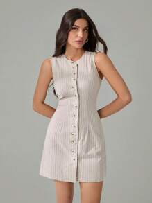 SHEIN Tall 女士优雅别致通勤前扣无袖条纹休闲迷你连衣裙，春夏，修身圆领背心裙，亚麻条纹面料，办公室通勤连衣裙，优雅时尚的通勤装，法式假日装扮，办公室警笛风格装扮，女士夏季连衣裙，茶会连衣裙 - 杏色 - 查看 7