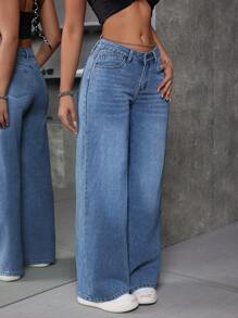 SHEIN ICON 女式宽松V领低腰喇叭阔腿牛仔裤，带口袋 - 中等水洗藍 - 查看 6