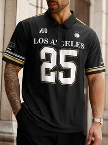 Manfinity Homme 大码男式字母数字图案短袖 Polo 衫