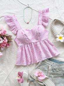 Soleia 女士甜美条纹刺绣蝴蝶结荷叶边荷叶边短袖衬衫，适合海滩度假、约会、下午茶、音乐节、波西米亚风、春夏季