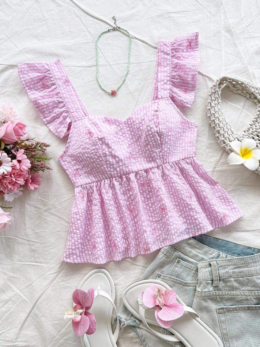 Soleia 女士甜美条纹刺绣蝴蝶结荷叶边荷叶边短袖衬衫，适合海滩度假、约会、下午茶、音乐节、波西米亚风、春夏季