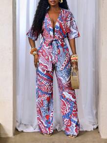 BamGleam 女士花卉印花松紧腰直筒休闲裤，适合度假穿着 - 彩色 - 查看 4