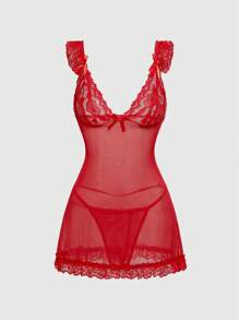 ROMWE Kawaii Romantic Sexy Resort Style Lace & Mesh Panel Dress Suit For Women - Red - View 2