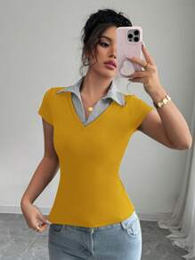 Chiquease Rafferiza 女士奶油黄休闲通勤优雅商务休闲度假舒适成熟优雅性感V领条纹拼接二合一外出上衣黄色罗纹面料高弹修身短袖老钱风格灵气风格春夏T恤 - 黃色 - 查看 7