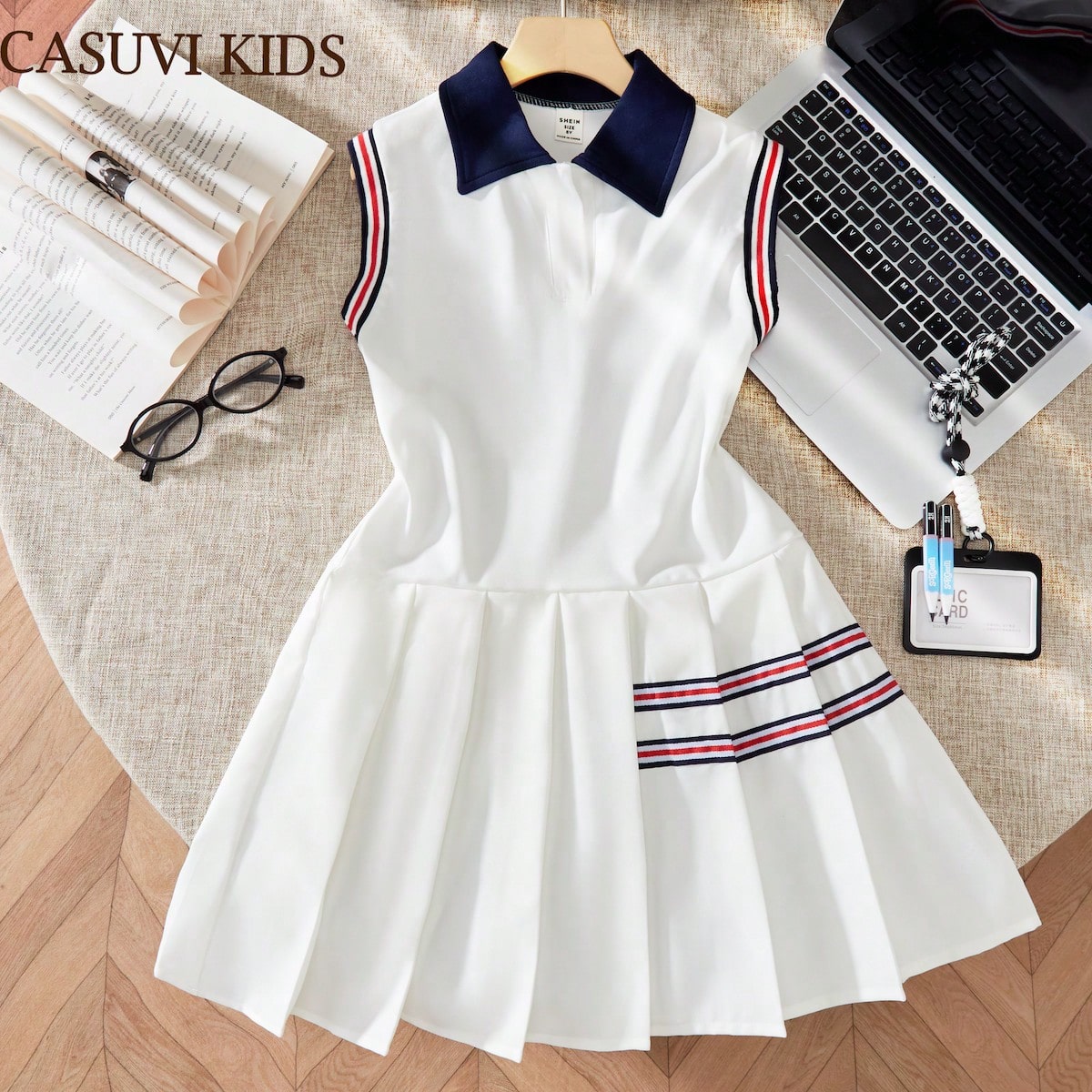 Vestido casual de moda de cuello de solapa sin mangas y con pliegues para niñas jóvenes