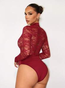 Sirith Sexy Lace Patchwork Sheer Mesh Bodysuit Fall Cloth For Women - Red - View 2