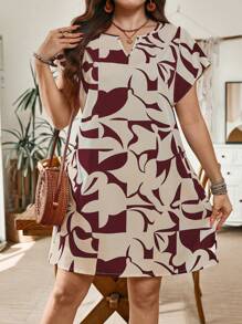 SHEIN LUNE Vestido de verano informal de mujer talla grande con estampado geométrico, para vacaciones y uso diario - Burdeos - Ver 4