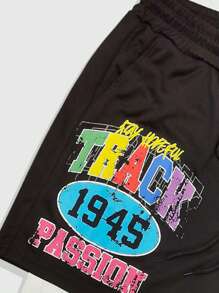 ROMWE MEN Men's Prep Letter Print Drawstring Waist Casual Double Layer Shorts - Black - View 3