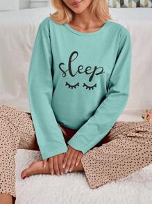RueChic 100% Cotton 2Pcs Eye&Heart Printed PJ Set - Mint Blue - View 3