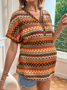 SHEIN 波浪条纹提花插肩袖孕妇T恤 - 橘色 - 查看 3