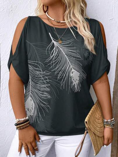 EMERY ROSE Casual Feather Print Off Shoulder Plus Size T-Shirt Graphic Tees Women Tops